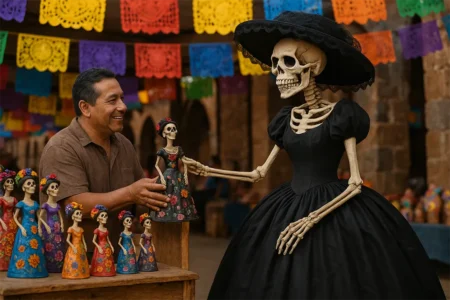 Compra de artesanías en la Feria de la Catrina de Capula